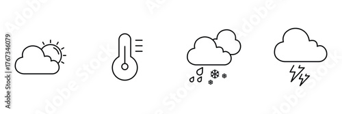 Partly cloudy sun, temperature, rain and snow, thunderstorm icon collection, weather line vector illustration, climate minimal symbol art.