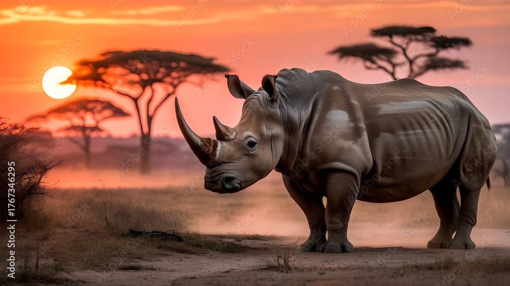Fototapeta premium wildlife, nature, world wildlife day, rhino on sunset