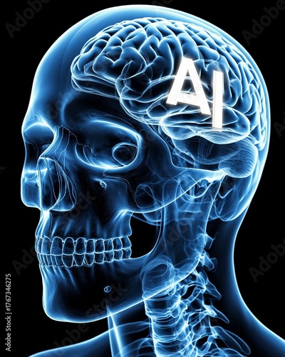 A highly detailed and photorealistic cinematic 4K X-ray of the human head and skull. The most important and central element is the human brain, which forms the word 