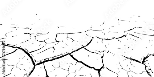 Cracked dry earth surface showing drought and arid land pattern. High-contrast black and white cracked soil background ideal for climate change, desertification, and natural texture design.

