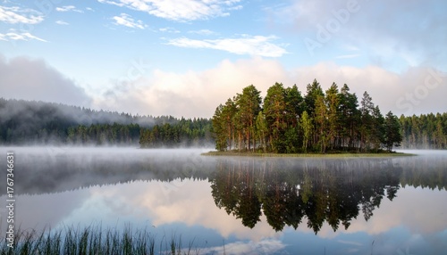 Tranquil summer morning nature landscape with reflection of green trees and mountains in the lake water