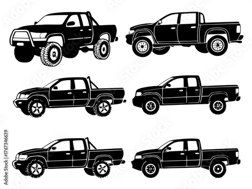 A set of six black silhouette illustrations of pickup trucks arranged in two neat rows on a white background, shown from side, front, and three-quarter angles. Clean vector style, uniform lighting, no