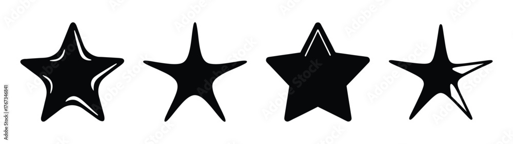 Fototapeta premium Collection of four stylized black five-pointed stars with textured edges