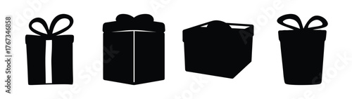 Four black gift boxes with ribbons festive celebration present icons