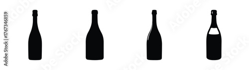 Four silhouette champagne bottles icon set for celebration and beverage design