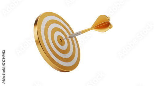 Golden and white striped dartboard with a golden dart perfectly hitting the bullseye isolated on transparent background