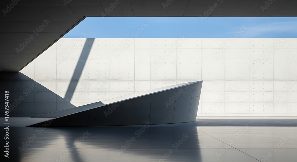 Obraz premium Minimalist curved concrete architecture captured with dramatic light and shadow, featuring a clean, austere