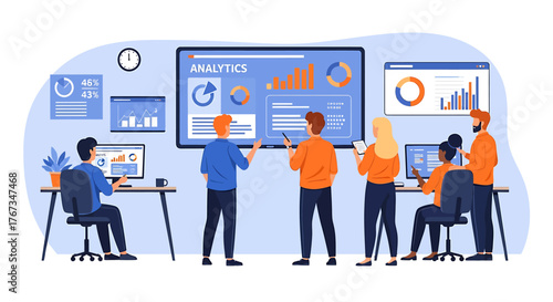 Dynamic team working on business data analytics and strategic dashboard design, creating insightful visualizations for informed decisions