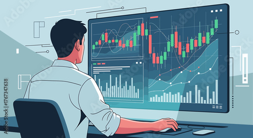 Strategic financial data visualization design A professional analyzes dynamic market trends and economic indicators on a screen, crafting effective investment strategies