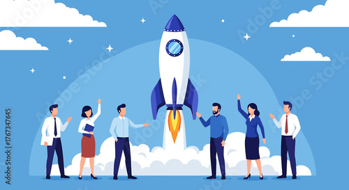 Innovative flat design illustrating a business startup launch with a team and a rocket soaring into the sky