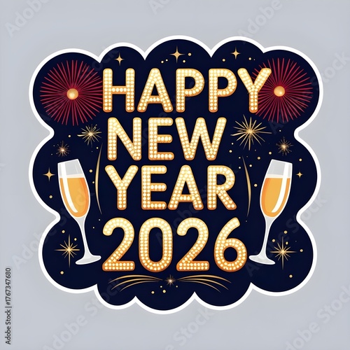 Retro Halftone Happy New Year 2026 Sticker Vector – Bold ’70s-style dotted gold typography framed by vintage fireworks and champagne flutes, nostalgic crimson and navy palette for apparel, print