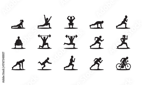 Set of black silhouette sport exercise and workout isolated on white background