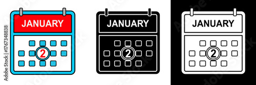 Flat vector icon of January 2 calendar page. Clean, simple design perfect for illustrating new year events, business schedules, or time management concepts.