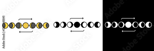 Minimalist flat vector of moon phase cycle showing lunar progression. Great for astronomy, astrology, or nature-related designs emphasizing rhythm and transformation.