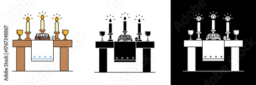 A holy altar with candles, chalices, and the Eucharist, representing devotion and worship. Perfect for Feast of the Immaculate Conception or Epiphany illustrations.