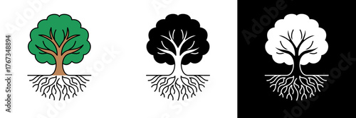 Green tree with spreading roots, symbolizing growth, strength, and connection to nature. Shown in color, black, and white. Ideal for eco, spiritual, or life-themed art.