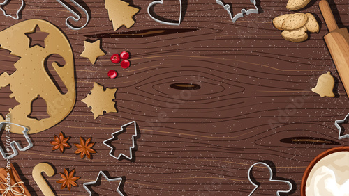 Festive Winter Baking Background: Cookie Dough Cutouts, Spices, Rolling Pin on Rustic Wood with Copy Space