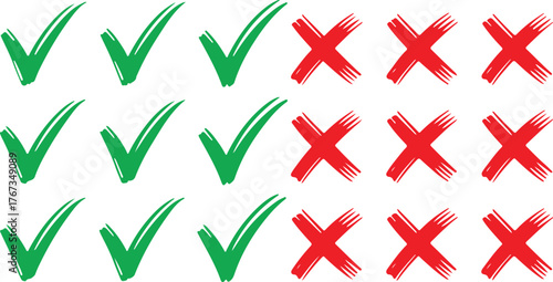 Hand-drawn green check marks and red cross symbols illustrating concepts of approval and rejection, right and wrong choices