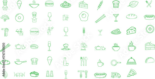 Collection of hand drawn green line art icons representing various objects and concepts on a white background