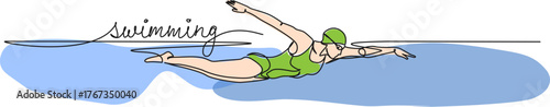 colored continuous single line drawing of female freestyle swimmer in water and handwritten word swimming, line art vector illustration