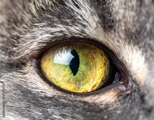 Close-up of a cat's eye.  Detailed view of a cat's bright yellow-green eye, surrounded by gray and dark-grey fur