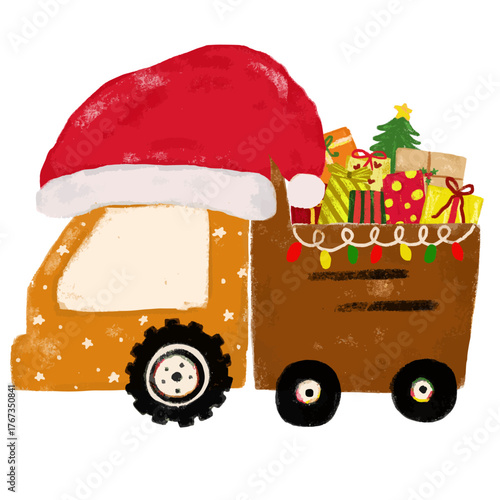 Cute christmas xmas construction site dump trash truck vehicles transportation with gift presents boxes doodle hand drawn kids crayon watercolor illustration sticker clipart