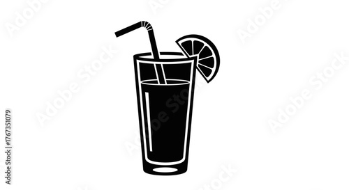 A tall glass of dark liquid with a straw and a lemon slice is presented.