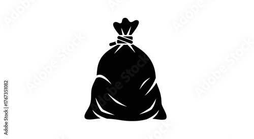 A black silhouette of a tied-up sack sits on a white background.