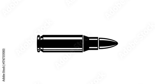 A single black bullet is isolated on a white background, symbolizing ammunition and weaponry.