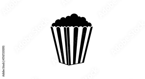 A stylized black and white graphic of a popcorn tub filled with popcorn.