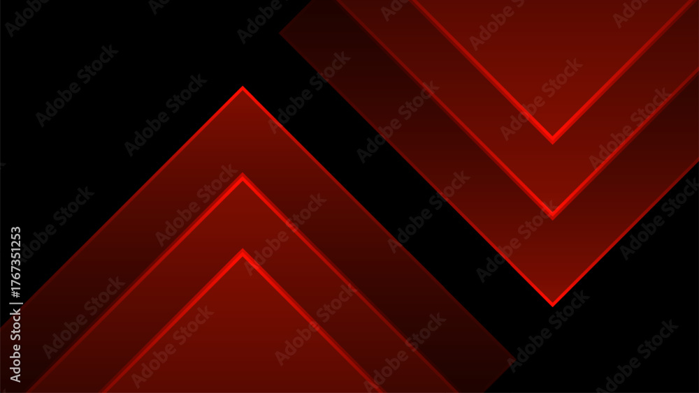 Fototapeta premium Modern red and black geometric background with arrow shapes and gradient lighting. Perfect for technology, gaming, or futuristic digital designs.