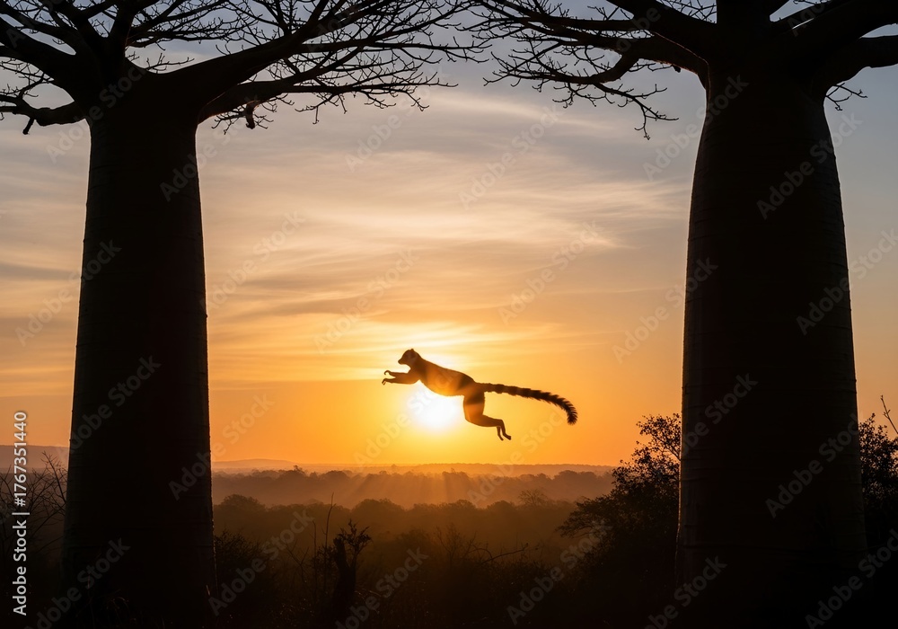 Fototapeta premium Golden Leap A Silhouetted Lemur Glides at Sunset Among Baobab Trees, a Wild Animal in Madagascar