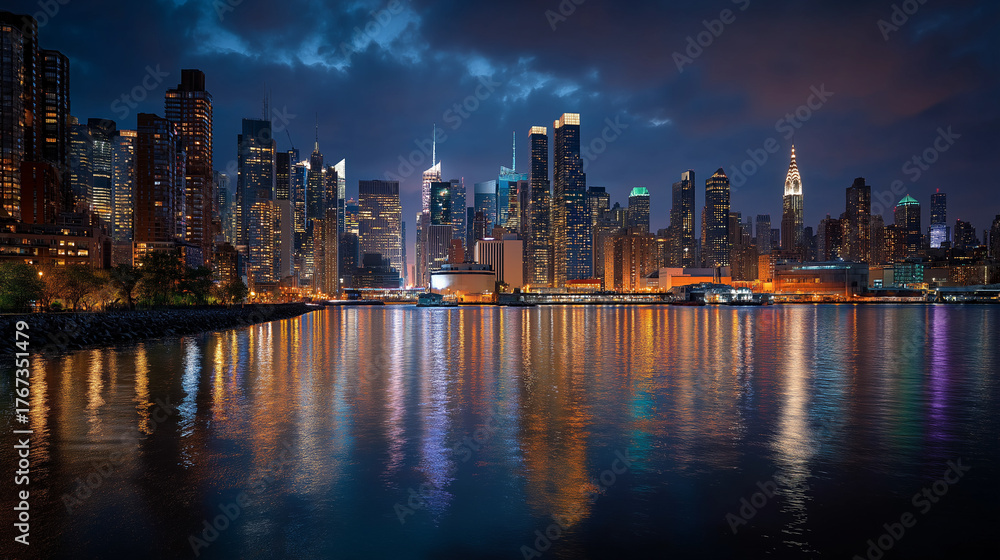 Fototapeta premium Cityscape at Dusk: The twinkling lights of a vibrant cityscape reflect in the calm waters, creating a mesmerizing spectacle beneath the twilight sky. 