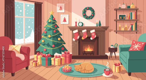 Cozy Christmas Eve scene with a sleeping cat by the fireplace, a decorated tree, and presents in a warm inviting living room perfect for holiday cheer