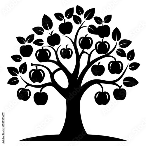 A stylized black silhouette of a mature apple tree laden with ripe apples and green leaves against a white background.