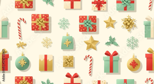 Delightful Christmas pattern with festive gifts, candy canes and ornaments, perfect for holiday marketing and seasonal promotions design elements