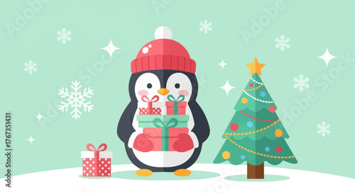 Adorable penguin carrying Christmas gifts near a decorated tree, perfect for joyful holiday greetings and seasonal marketing campaigns with festive cheer