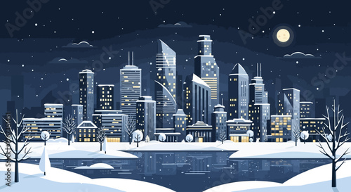 Serene winter cityscape with snow-covered buildings under a full moon, creating a peaceful and magical urban holiday scene for festive designs