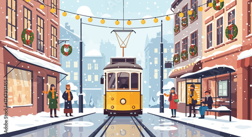 Experience the magic of a snowy Christmas in the city with a charming vintage tram and festive holiday cheer in a whimsical winter wonderland