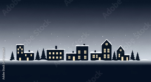 Charming winter scene of snow covered houses and trees glowing in the night, perfect for holiday greeting cards or winter themed designs and backgrounds
