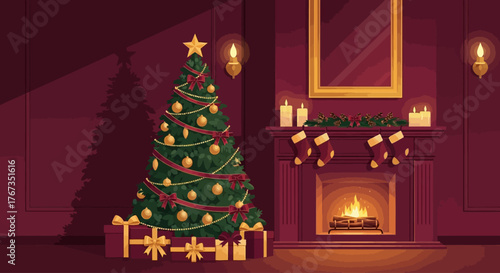 Celebrate Christmas cheer with a beautifully decorated tree and cozy fireplace scene, perfect for holiday greetings and festive designs this winter season