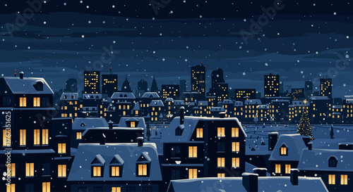 Serene winter cityscape at night with softly falling snow and warmly lit windows creates a cozy holiday atmosphere perfect for festive designs