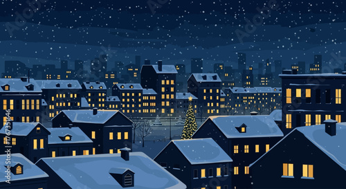 Enchanting snow falling over the city rooftops with warm lights glowing from within for a cozy holiday season scene, christmas tree twinkling