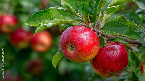 Wallpaper Mural Autumn Orchard Delight: Close-up of ripe apples hanging from a branch, glistening with morning dew. The warm, inviting hues of the fruit contrast beautifully against the verdant foliage. Torontodigital.ca
