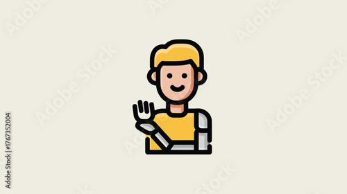 A smiling person with prosthetic arm in flat vector illustration