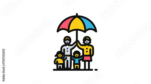 Family protected under a colorful umbrella of insurance