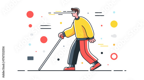 Illustration of a visually impaired person walking with a cane