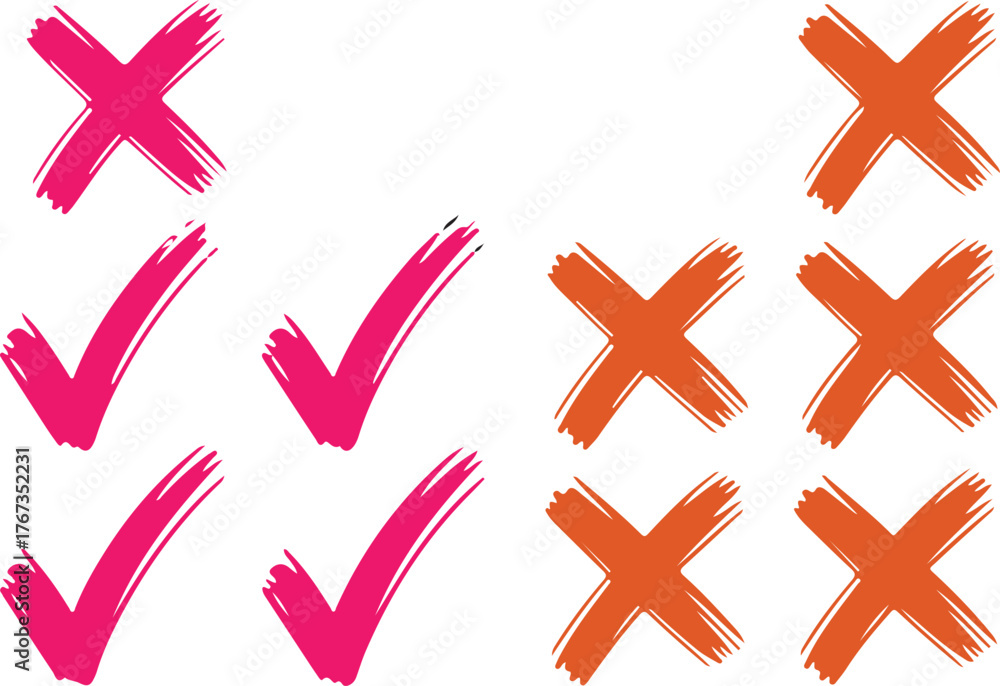 Obraz premium A set of hand-drawn checkmarks and crosses symbolizing approval, rejection, correct, and incorrect decisions on a clean white background
