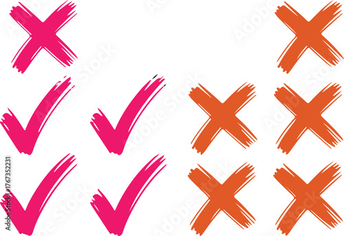 A set of hand-drawn checkmarks and crosses symbolizing approval, rejection, correct, and incorrect decisions on a clean white background