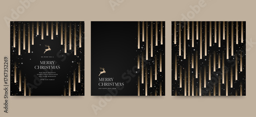 Christmas Social Media Post Template In Black & Gold Modern Style, for Luxury Holiday Invite, Flyer, Announcement & Festive Xmas Poster. Merry Christmas Text, Luxe Vector Illustration